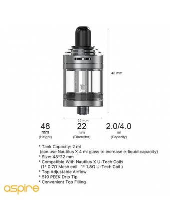 Aspire Nautilus XS tank 2ml - specifiche tecniche